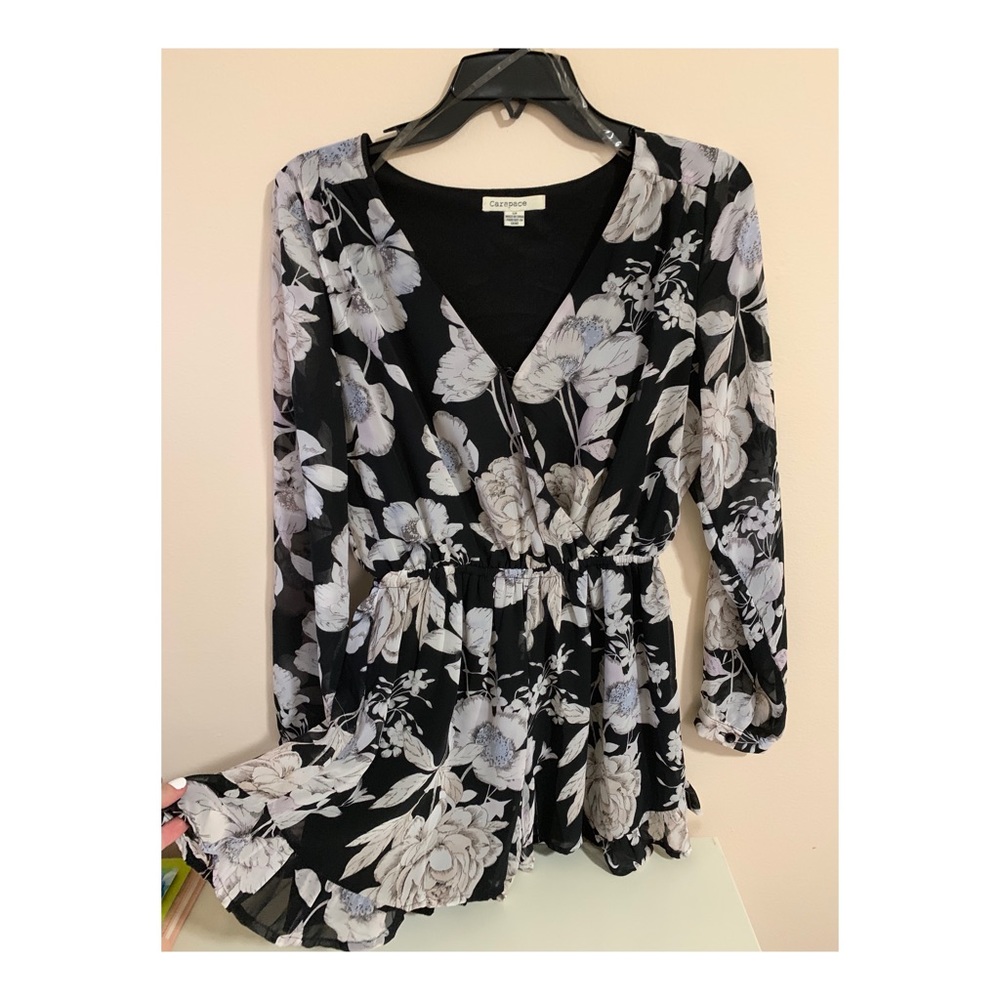 Black Floral Romper with White Flowers (worn once)